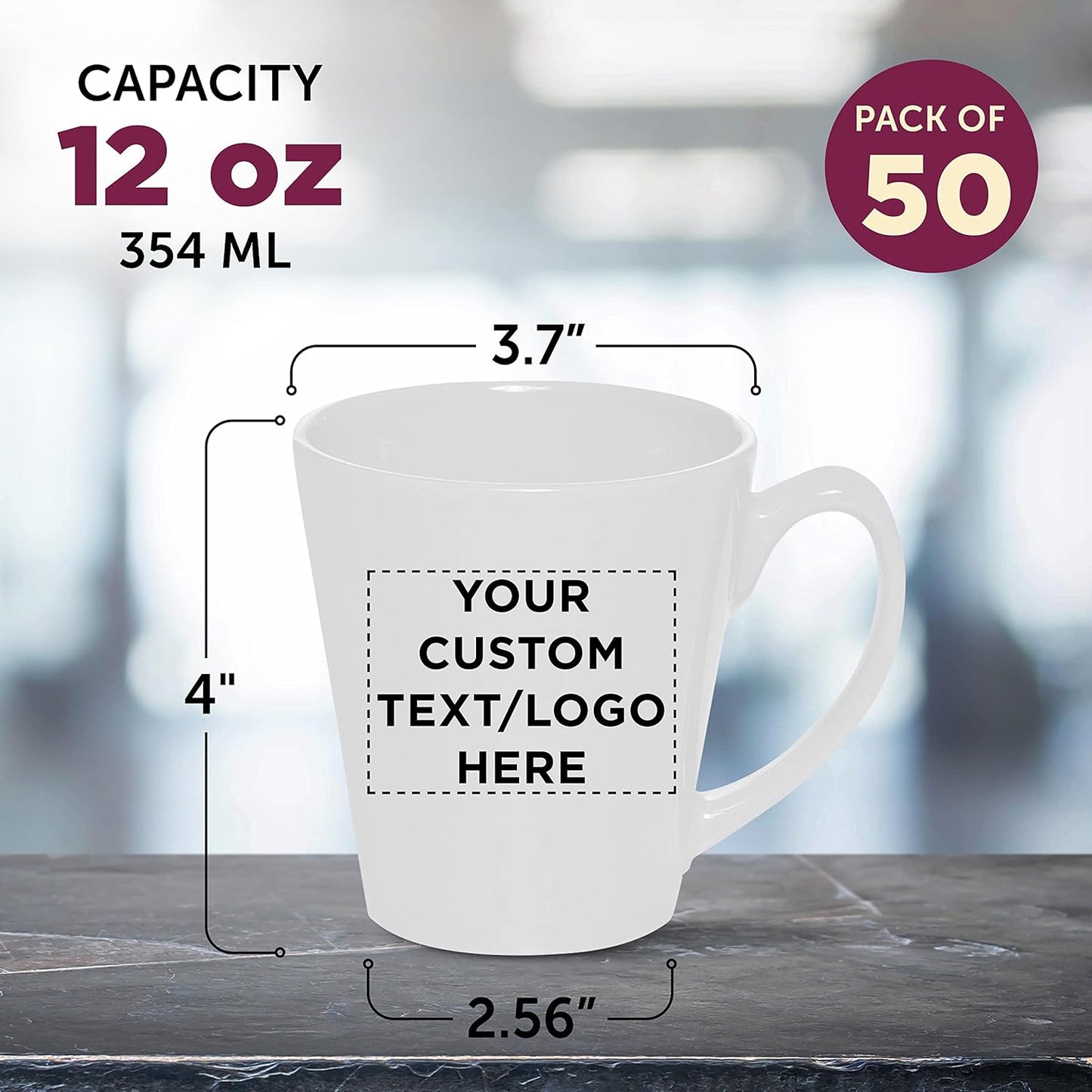 DISCOUNT PROMOS Custom Glossy Ceramic Latte Coffee Mug 12 oz. Set of 50, Personalized Bulk Pack - Perfect for Tea, Espresso, Cappuccino, Hot Cocoa - White