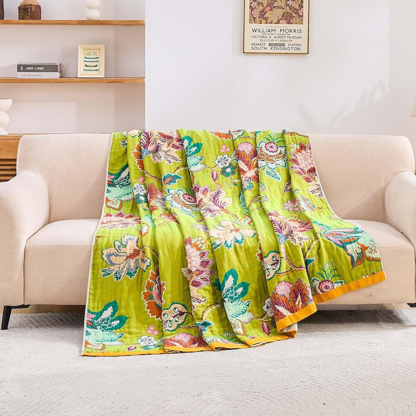 Fall Throw Blanket, 100% Cotton Soft Rustic Boho Throw Blanket for Bed, 50"x60" Farmhouse Decor Bed Flower Blankets, Light Weight Reversible Bohemian Throw Quilt