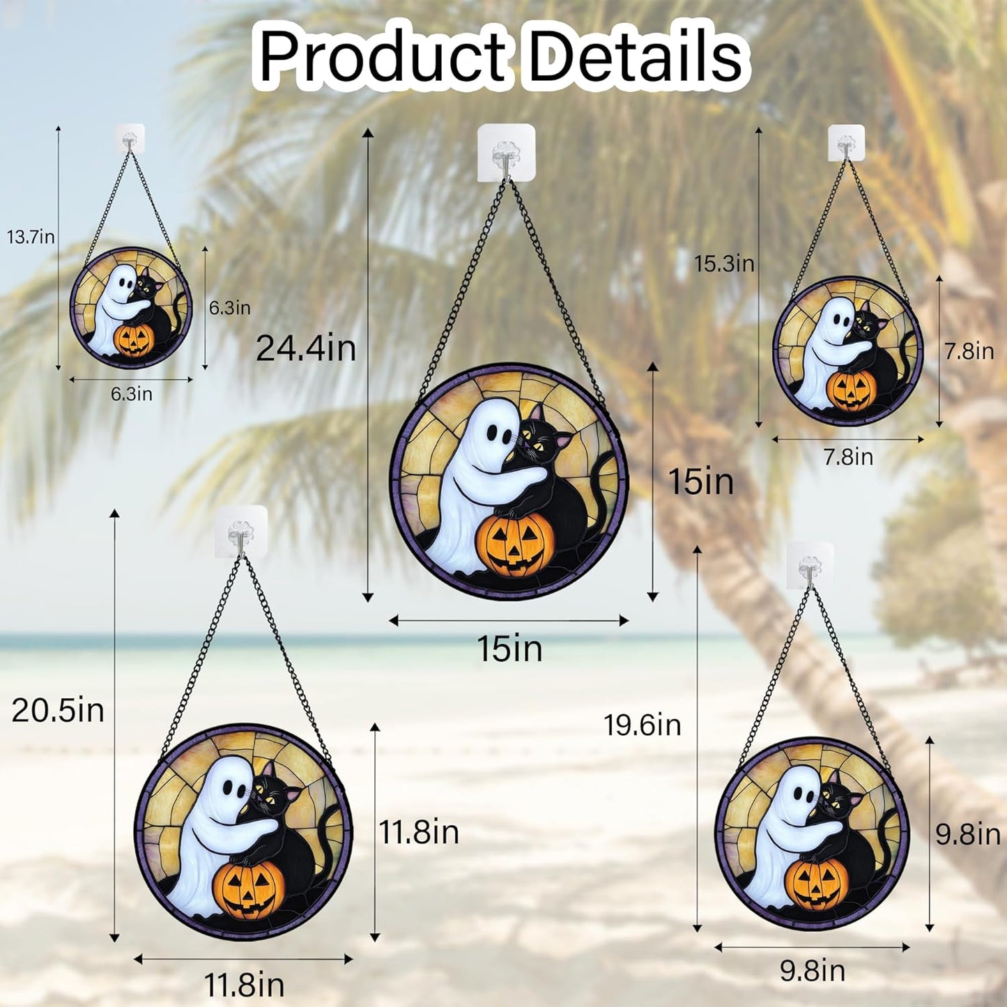 Stained Glass Window Hanging - Halloween Decorations Cute White Ghost Black Cat Suncatcher for Doors Garden Spooky Sun Catchers Gothic Decor Horror Gifts for Women Men Friend Boy 9.8 in