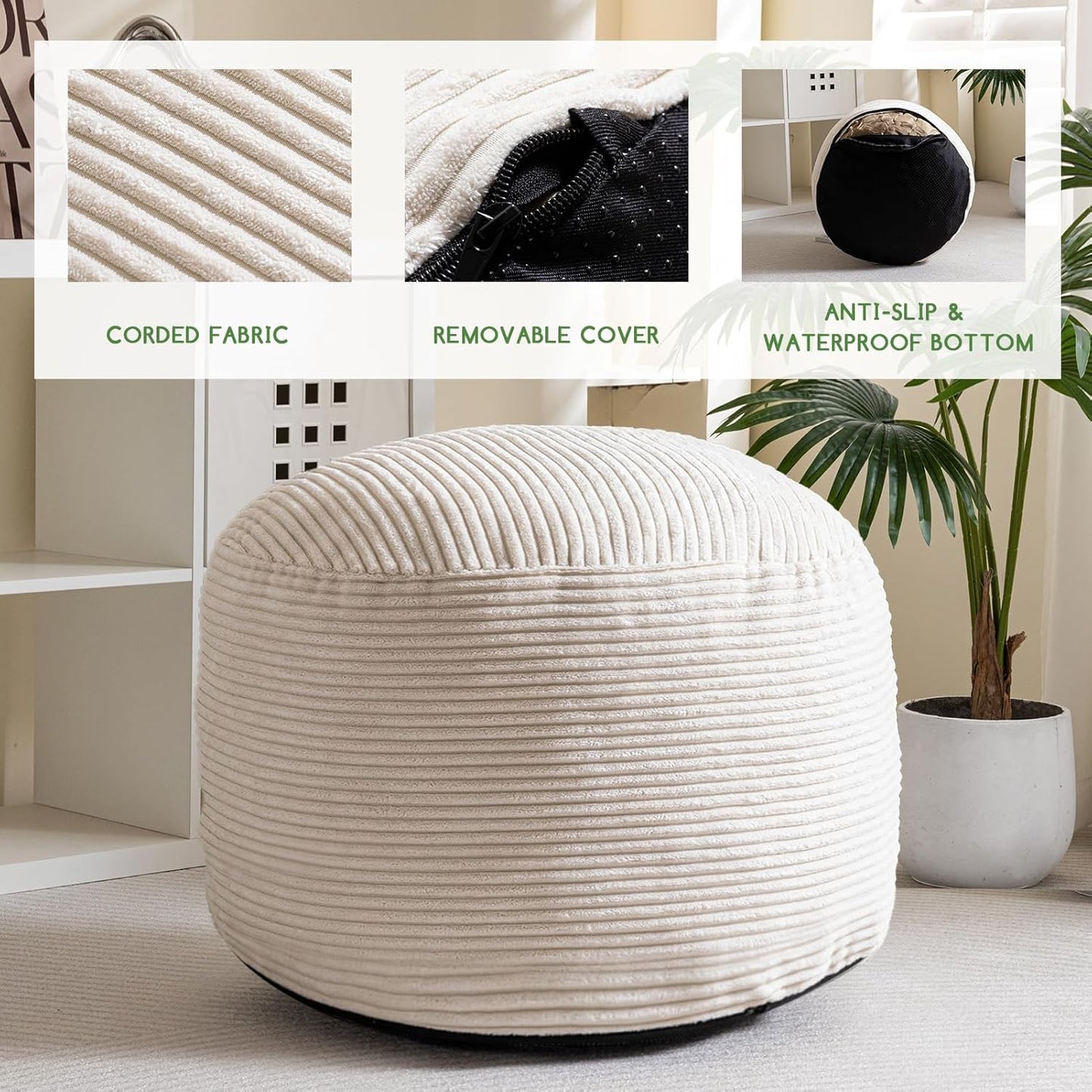 HIGOGOGO Round Stuffed Pouf Ottoman, Corduroy Poufs with Foam Chunk Filling, Furry and Fluffy Pouf Foot Stool Storage Ottoman, 26 X 18 Floor Poufs Foot Rest for Living Room, Beige