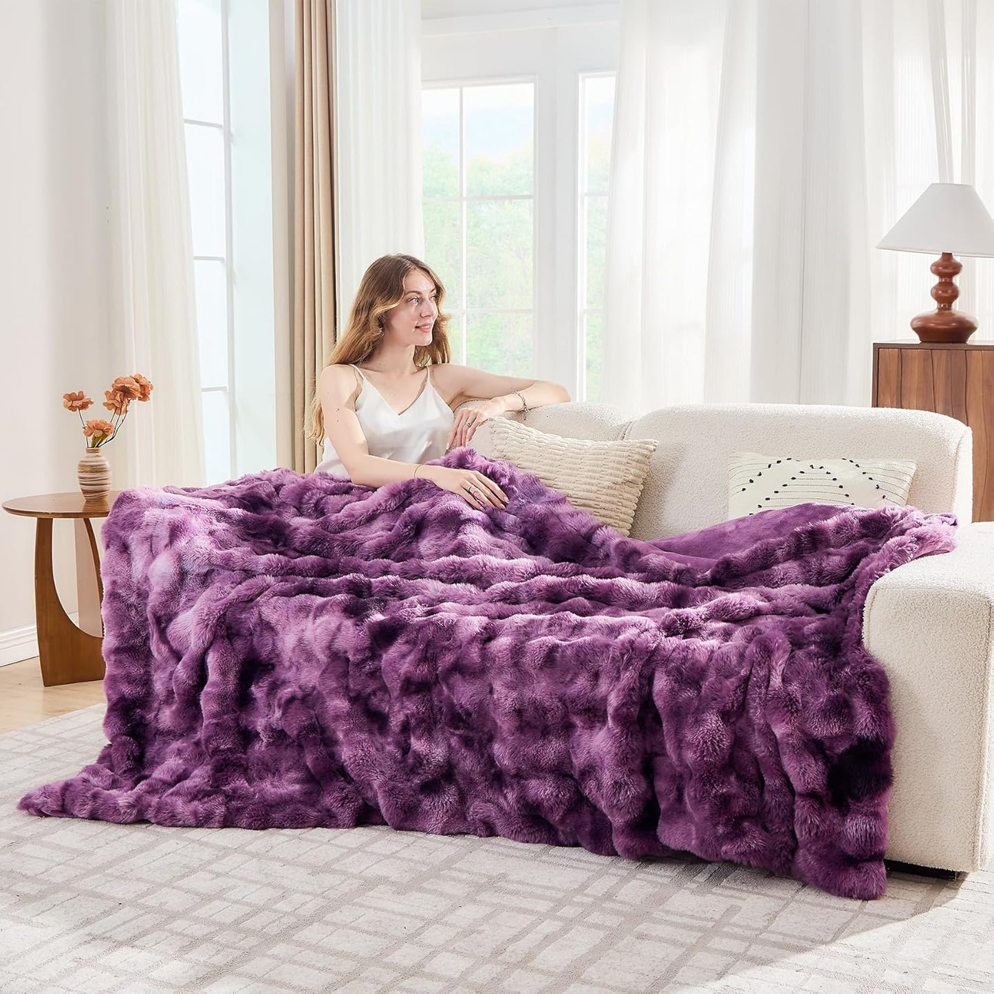 Lotus Karen Faux Fur Throw Blanket Tie-dye Violet - Big Bubble Rabbit Fluff Blanket for Couch Bed Sofa,Softest Fluffy Fuzzy Cozy Blanket,Thick Furry Plush Shaggy Warm Blankets for Women,90x90 Inches