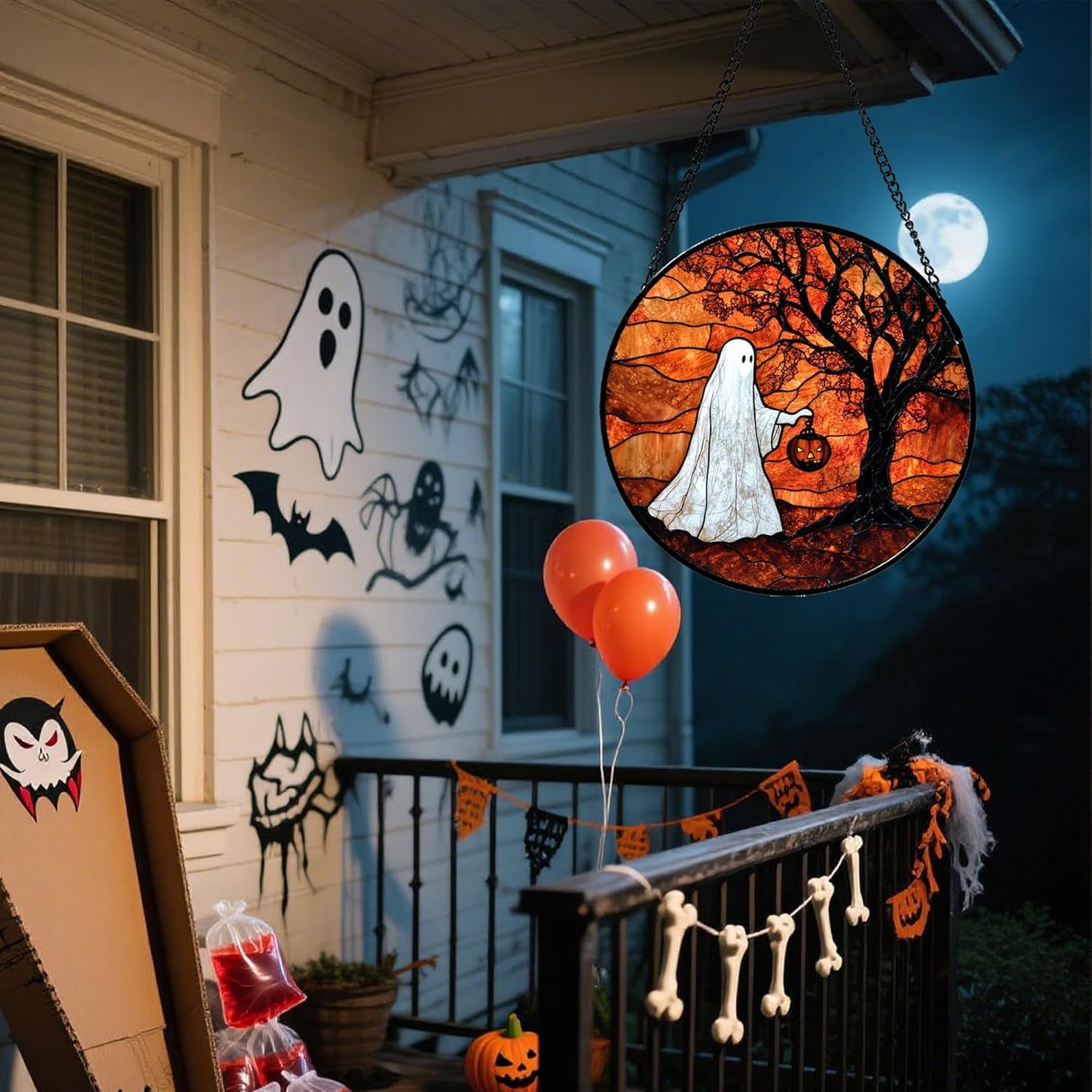 Stained Glass Window Hanging - Halloween Ghost Holding A Pumpkin Lantern Suncatcher for Door Garden Spooky Tree Sun Catchers Gothic Decorations Horror Gifts for Women Men Friend 9.8 in