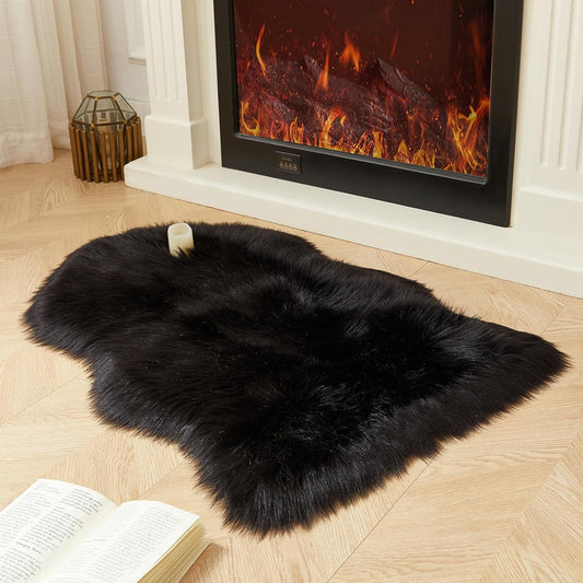 AMTOVO Faux Fur Rug, Black Small Area Rug, Fluffy Sheepskin Rug, Fuzzy Ultra Soft 2 x 3 ft Shag Rugs for Bedroom Sofa Throw Cushion Room Decor, Sheepskin