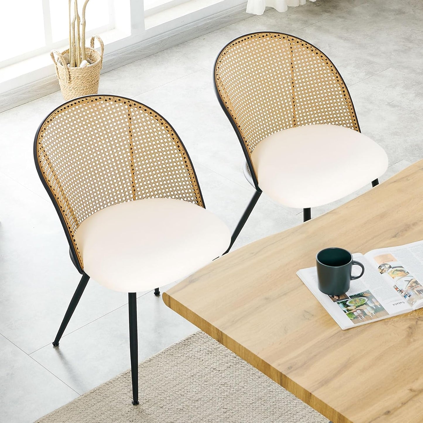 Dining Chairs Set of 4, Mid Century Modern Dining Room Chairs with Full Rattan Back, Faux Leather Kitchen Dining Chairs Farmhouse Armless Mesh Cane Back Side Chairs with Metal Legs, White