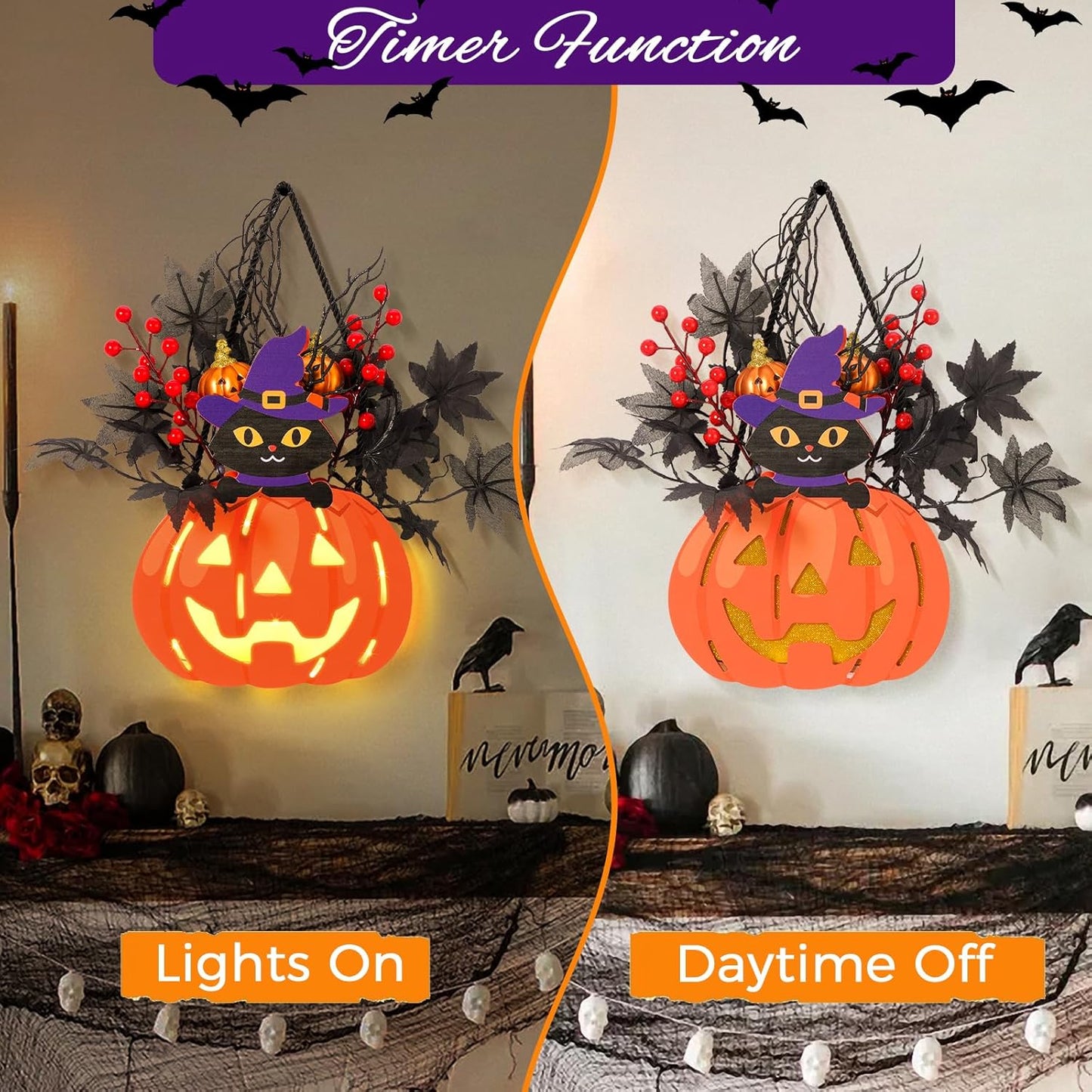 Halloween Pumpkin Decorations, Lighted Jack-O-Lantern with Maple Leaves Berries Black Cat, Halloween Door Sign Wood Pumpkin Lights for Front Door Indoor Outdoor Yard Party Cartoon Hanger Decor