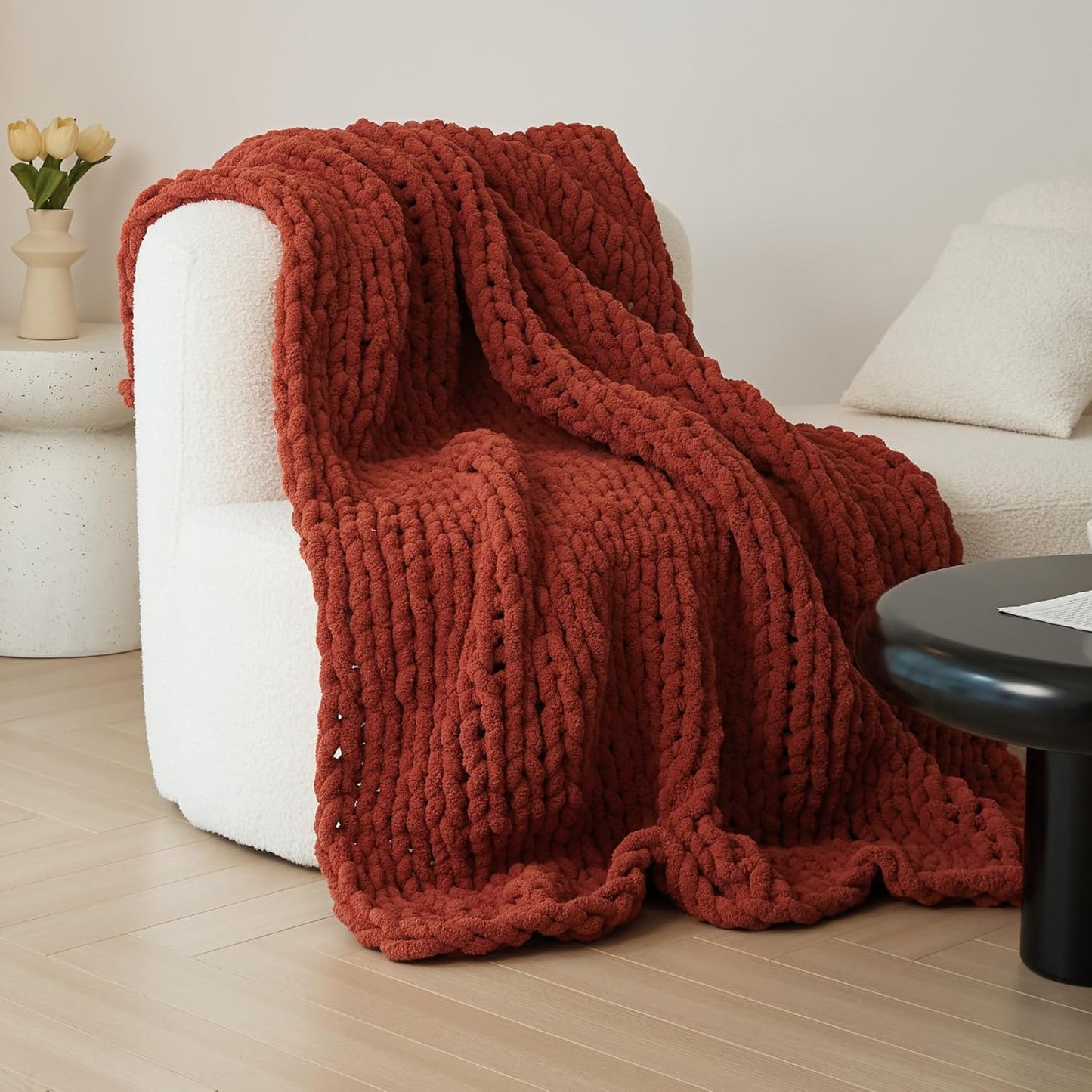 WESHIONGOO Chunky Knit Blanket Throw Knitted Throw Blankets for Couch Bed Fluffy Soft Blanket with Jumbo Chenille Yarn Thick 100% Handmade(Rust, 50"×60")