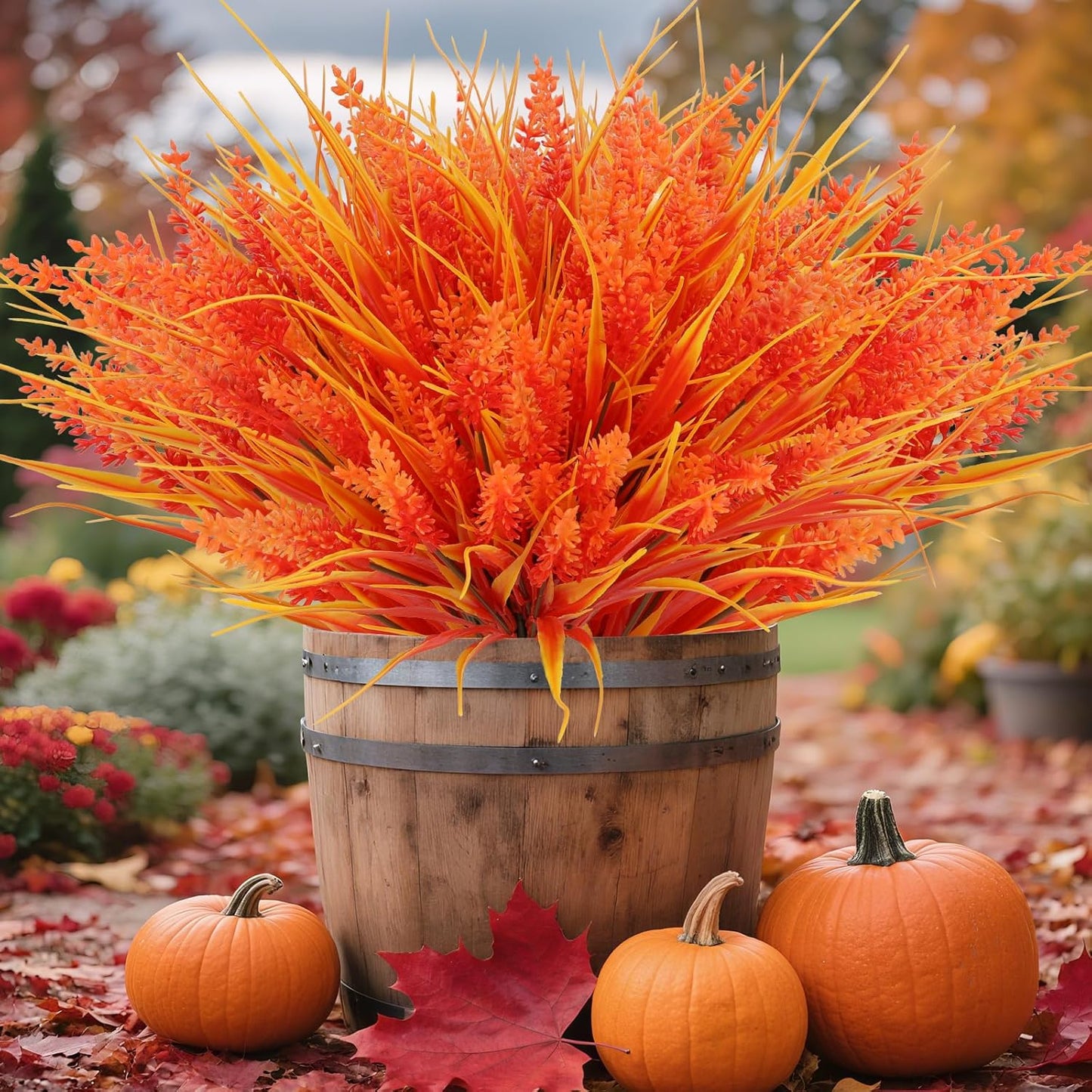 Geegoods 24 Bundles Artificial Fall Flowers Outdoor – Faux Lavender Flowers with Monkey Grass UV Resistant Plastic Faux Plants for Garden Porch Patio Home Decor, Autumn Color