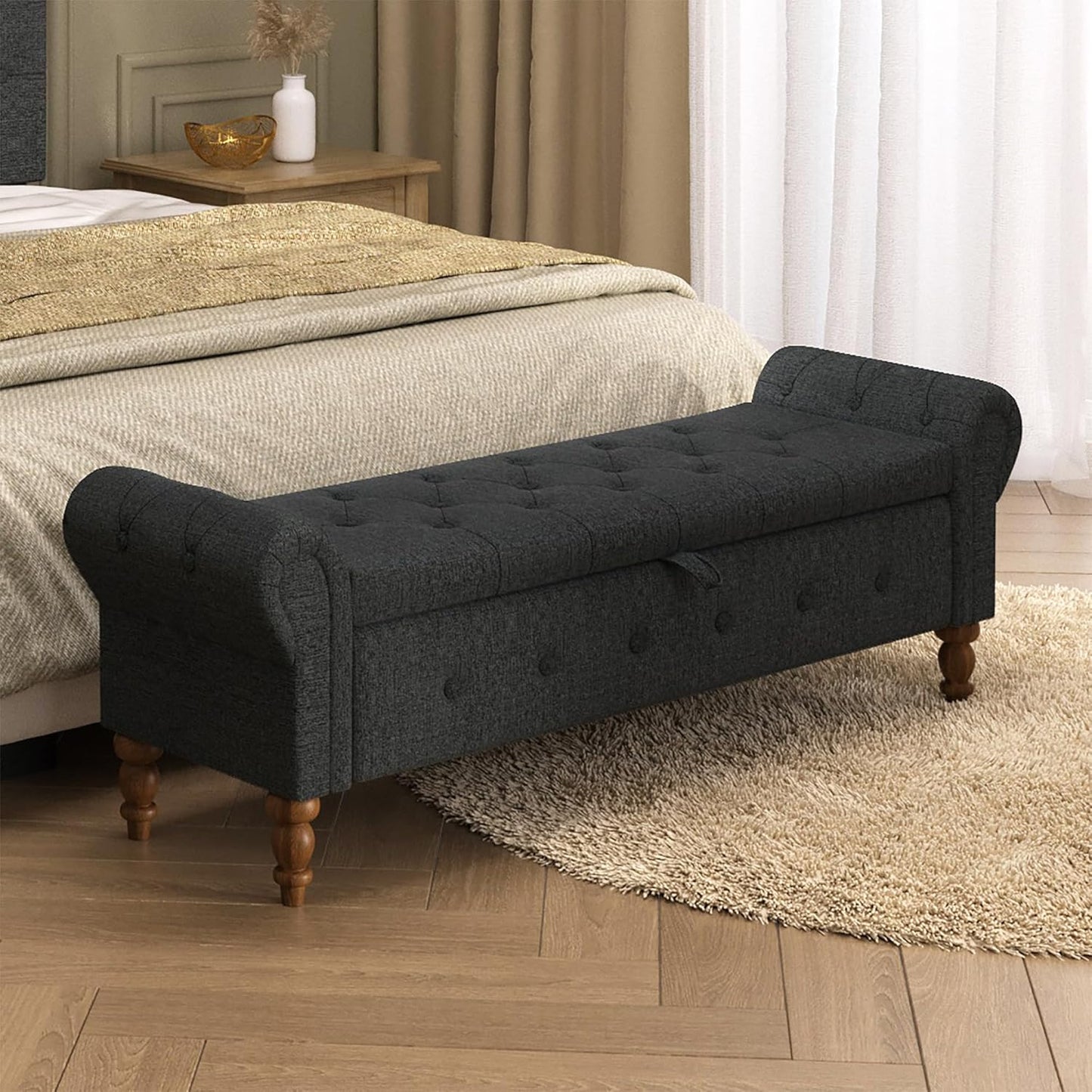 Storage Ottoman Bench for Bedroom, Linen 52" End of Bed Bench with Rolled Arms Upholstered Ottoman Bench Fit for Bedroom, Living Room, Entryway, Dark Gray