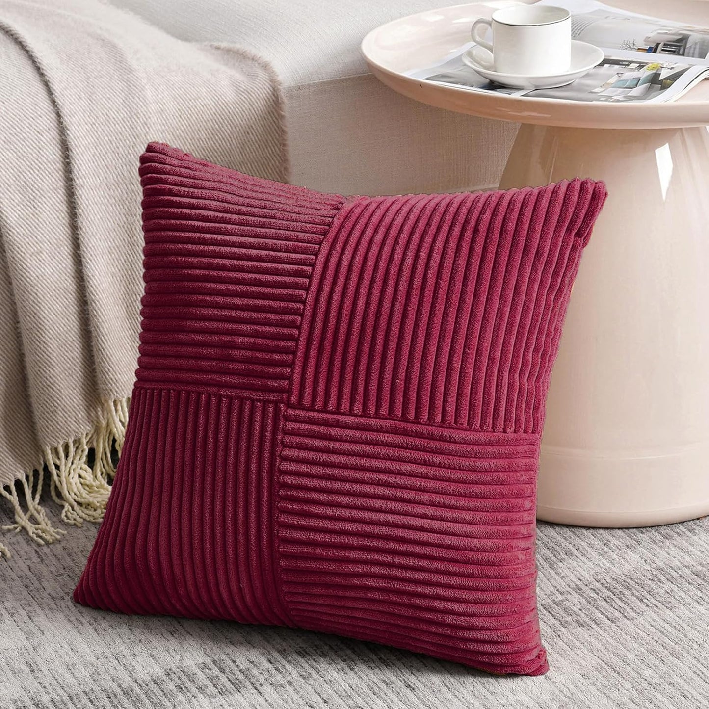 Fancy Homi 2 Packs Burgundy Big Decorative Throw Pillow Covers 24x24 Inch for Living Room Couch Bed Sofa, Rustic Farmhouse Boho Home Decor, Soft Corss Corduroy Patchwork Accent Cushion Case 60x60 cm