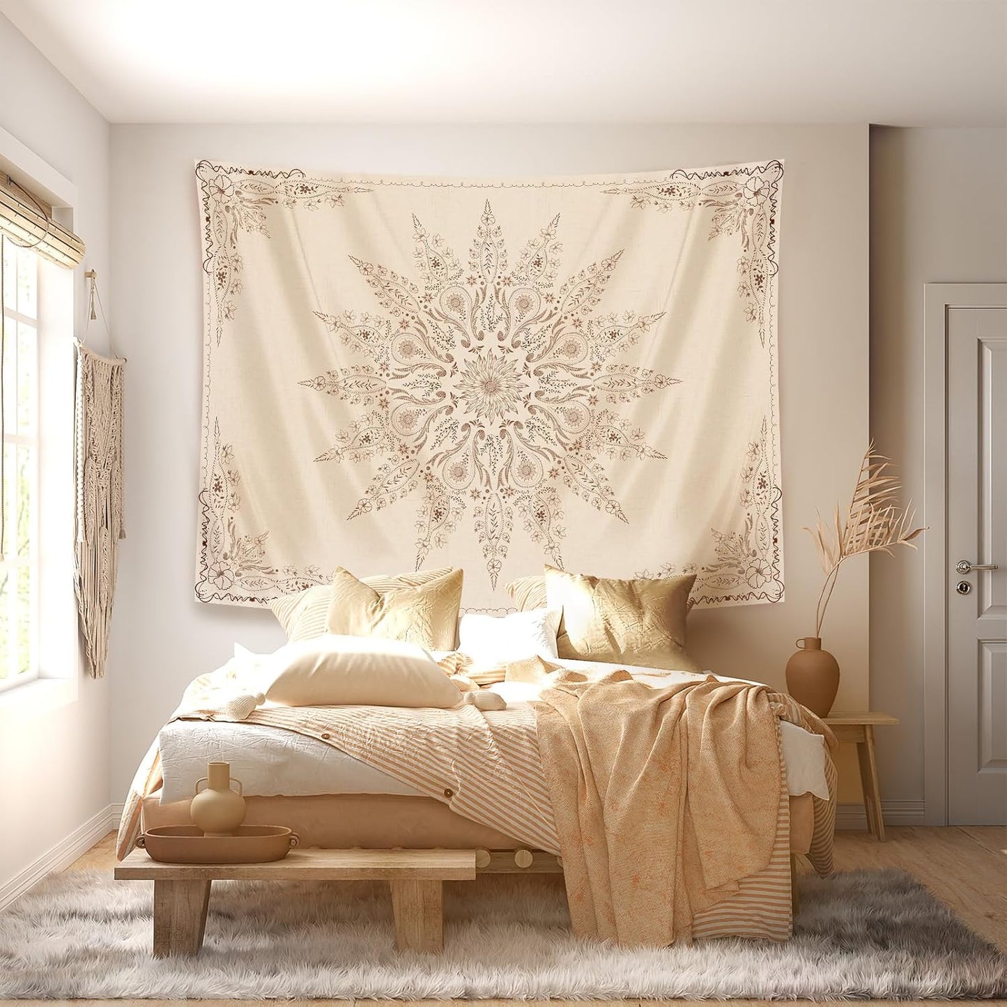 Damanse Floral Tapestry Wall Hanging Cute,Boho Wall Tapestry for Bedroom Aesthetic,Mandala Living Room Decor for Teen Girls (Flaxen, 59.80" x 78.70")