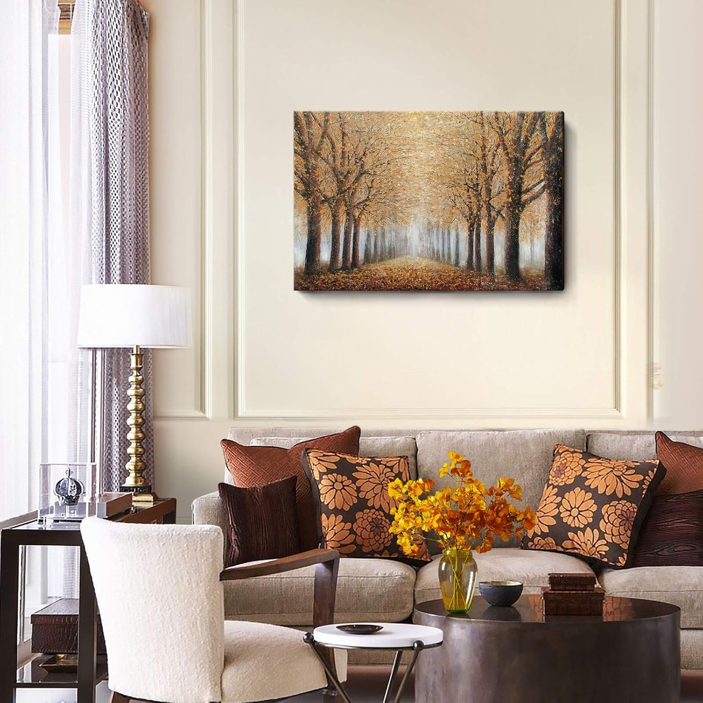 amatop Tree Wall Art for Living Room Hand-Painted Forest Oil Painting Framed Grove Artwork Autumn Landscape Canvas Picture for Living Room Bedroom Home Decorations Wall Decor Large 36"x24"
