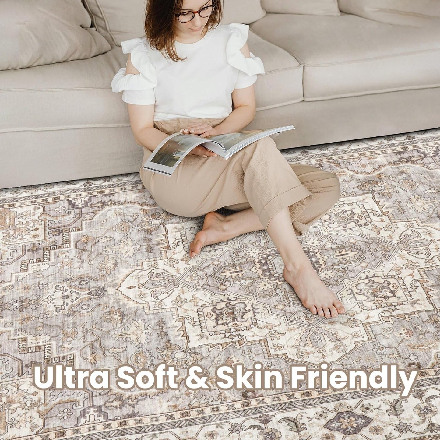 Washable Area Rugs for Living Room - 5x7 Neutral Vintage Distressed Floral Farmhouse Boho Large Soft Floor Rug Indoor Non Slip Carpet for Bedroom Dining Room Office - Grey Brown