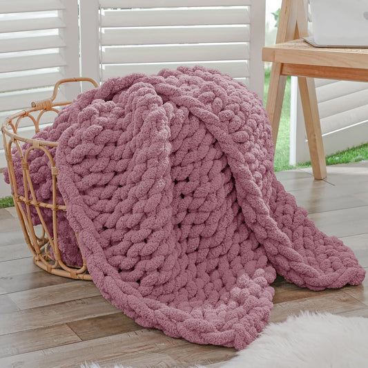 Bigacogo Chunky Knit Throw Blanket for Couch, 40x60 inches, 100% Hand Knitted with Thick Jumbo Chenille Yarn, Cozy Soft Large Rope Knot Cable Crochet Blankets for Sofa Bed Living Room, Burnt Rose
