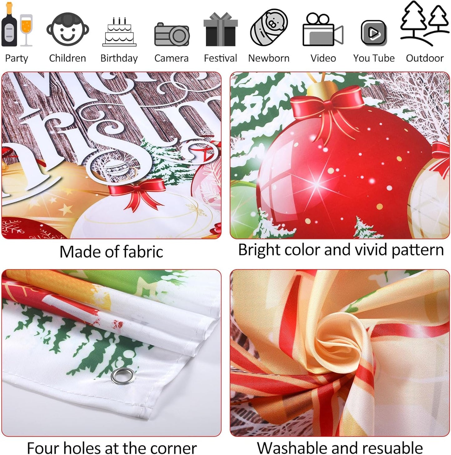 Irenare Christmas Backdrop Merry Christmas Banner Party Decoration Xmas Photography Background Photo Props for Winter Holiday New Year Eve Family Party Decoration Supplies(Large Xmas Ball)