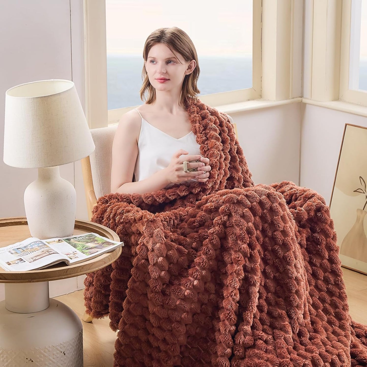 NEWCOSPLAY Super Soft Throw Blanket Coffee Premium Silky Flannel Fleece 3D Clouds Stylish Jacquard Lightweight Bed Blanket All Season Use 350GSM (Coffee, Throw(50"x60"))