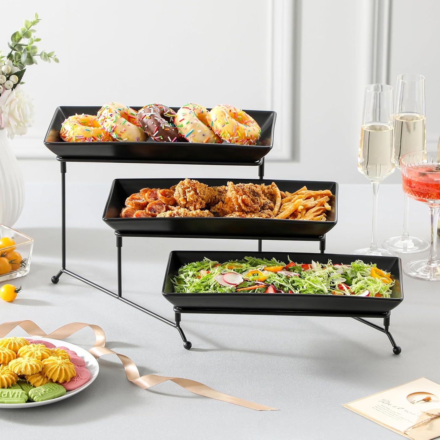 MALACASA 3 Tier Serving Trays for Party, Stoneware Serving Platters and Trays, 12 Inch Tiered Tray Stand, Fruit Tray, Trays for Serving Food, Black Dessert Stand with Collapsible Sturdier Metal Rack