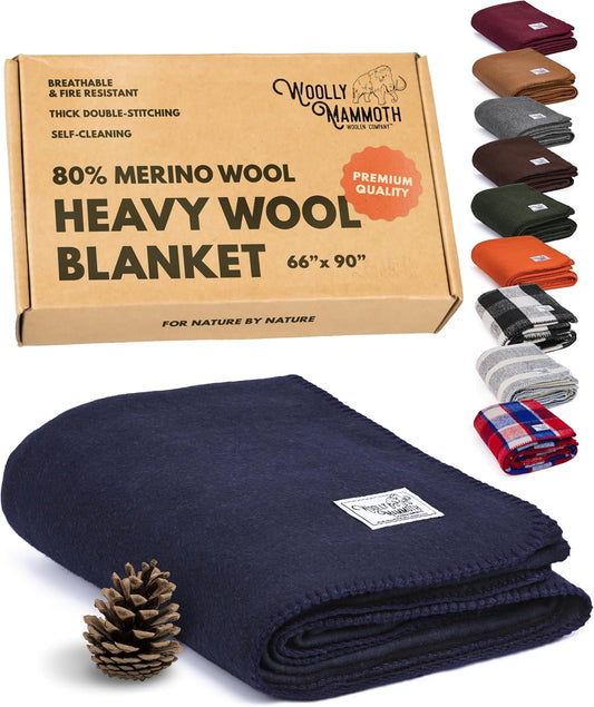 Woolly Mammoth Woolen Company Merino Wool Camping Blanket - 66 x 90 in - Navy Blue - Heavyweight Insulated Outdoor Throw Blanket for Camping & Hiking & Backpacking
