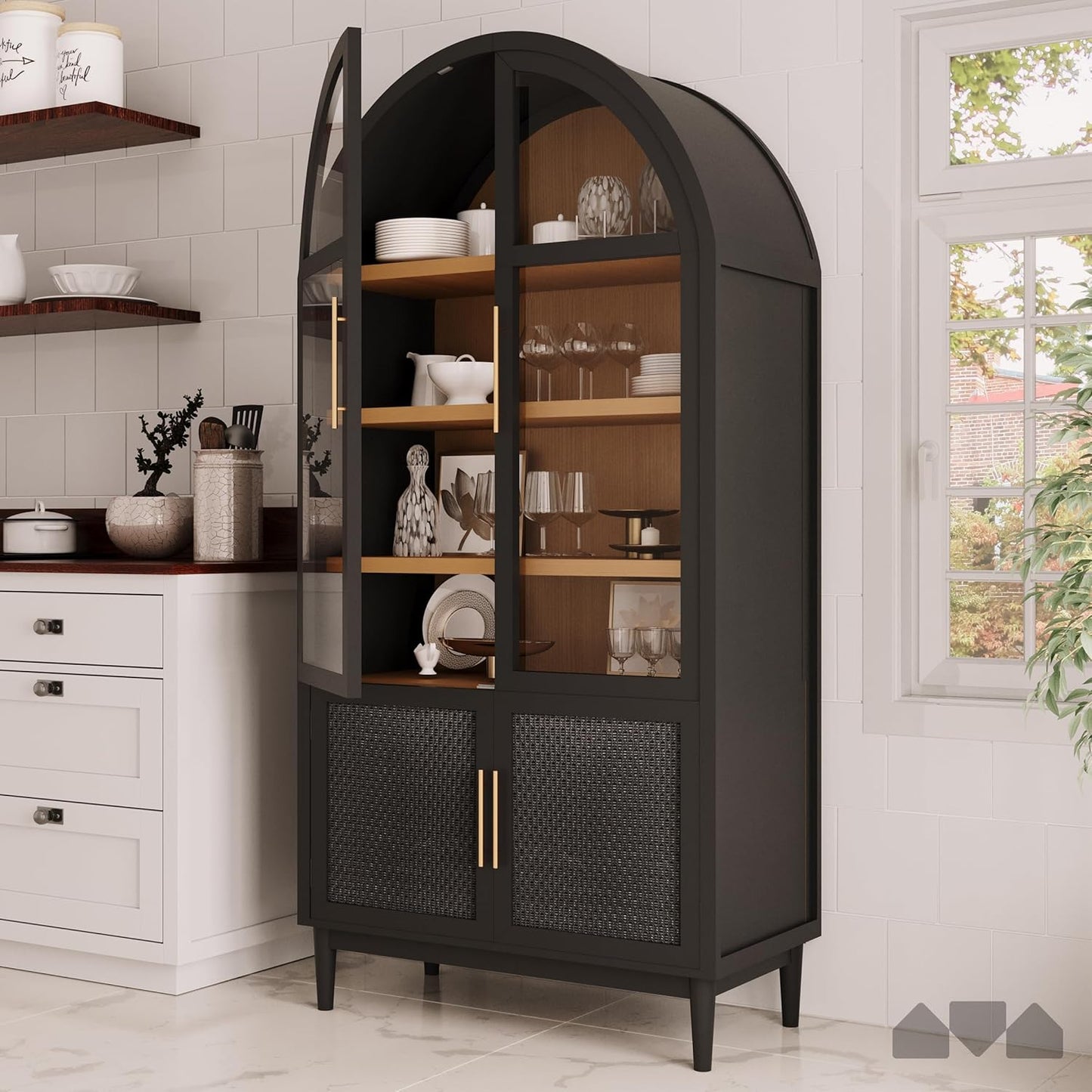Milliard 74" Tall Arched Kitchen Pantry, Modern Storage Arched Cabinet with Adjustable Shelves and Glass Doors, Living Kitchen Dining Room Cupboard, China Hutch, Bookshelf