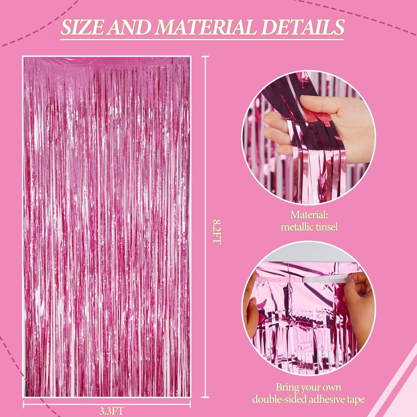 3 Pack Foil Fringe Backdrop - Pink Shiny Tinsel Curtains for Party Decoration/Photo Booth Props - 3.3x8.2 FT Metallic Foil Backdrop for Birthday, Wedding, Graduation, Christmas.