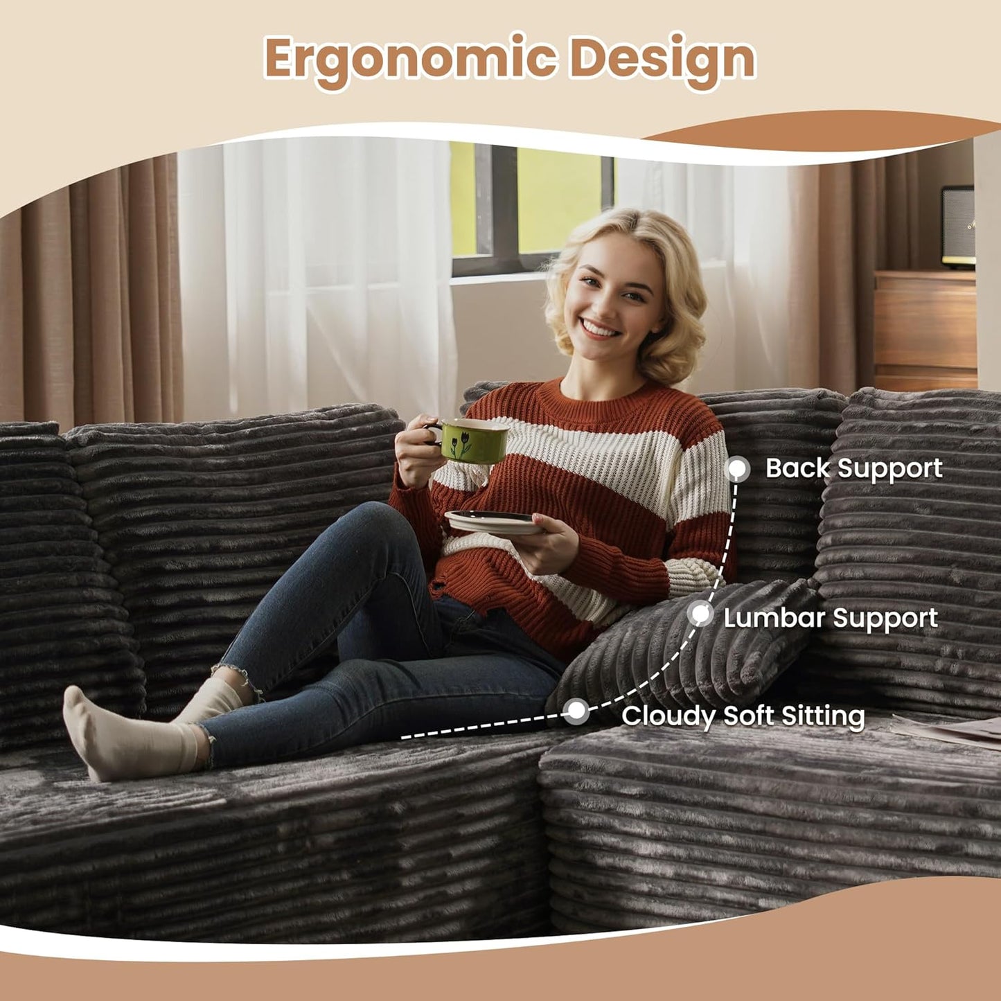 HOOOWOOO Cloud Sectional Couches for Living Room,Modular Sectional Sofa No Assembly,136X108 Inch Plush Corduroy Large U Shaped Floor Couch Set with Deep Seat Ottoman(Gray)