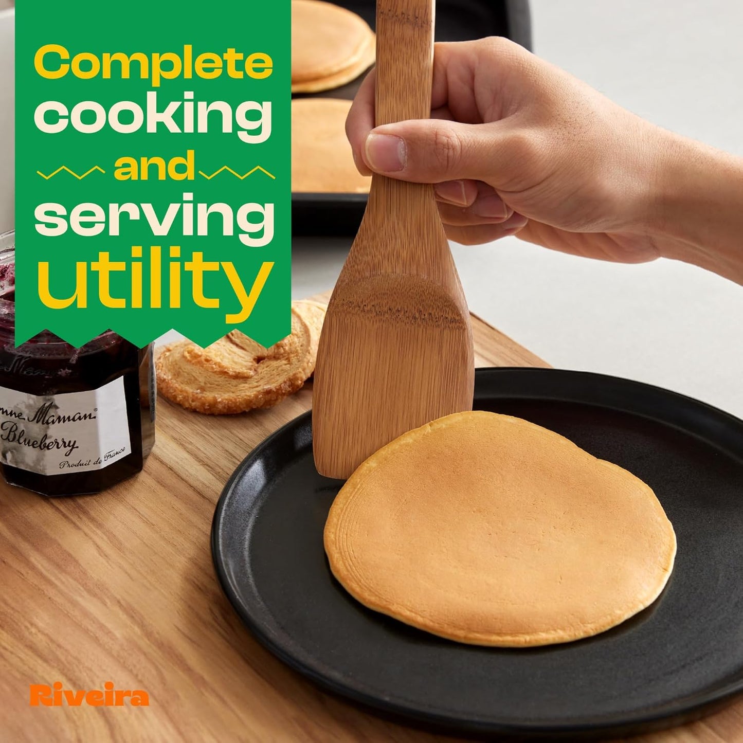 Riveira Dark Bamboo Wooden Spoons for Cooking 9-Piece with Holder, Apartment Essentials Wood Spatula Spoon Nonstick Kitchen Utensil Set Premium Quality Housewarming Gifts for Everyday Use