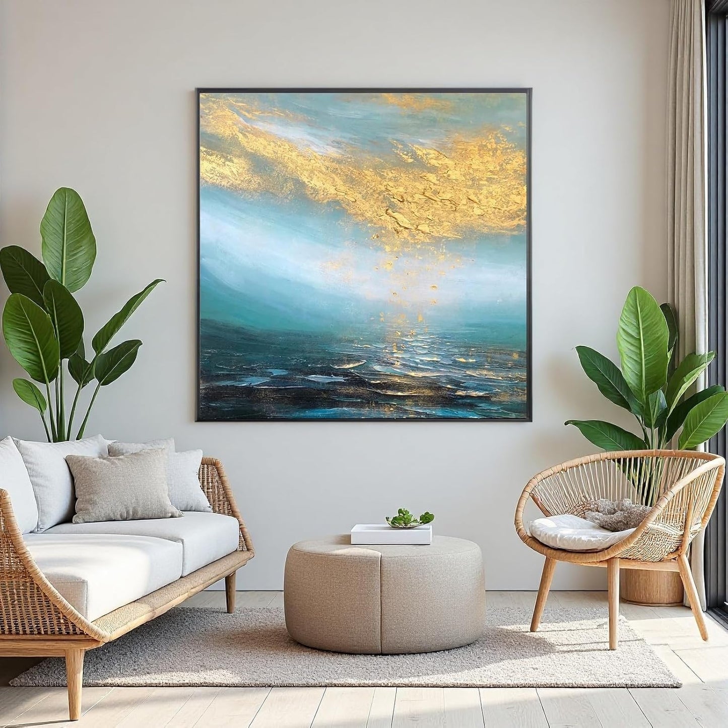 Hand Painted Blue Ocean Oil Painting for Office, Large Abstract Wall Art for Living Room, Framed Seascape Wall Picture for Kitchen Bedroom Home Decor 32x32inch