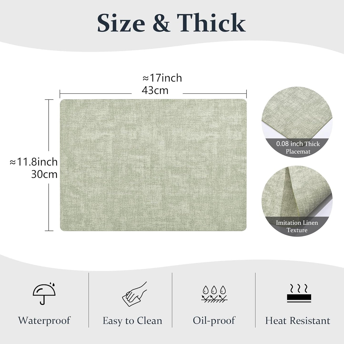 FROMHEART Faux Leather Placemats Set of 12–Waterproof,Heat/Oil Stain-Resistant PU Table Mat–Reversible,Non-Slip,Easy to Clean Place Mats for Kitchen,Dining,Indoor/Outdoor,(Light Green,11.8" x 17")