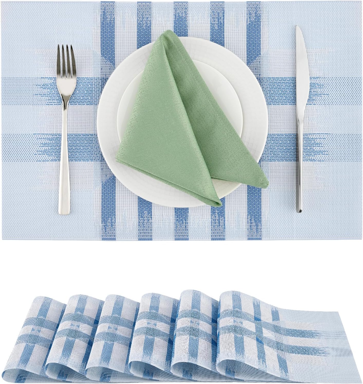 Leetaltree Geometric Print Blue Placemats Set of 6 - Heat Resistant Non-Slip Place mats for Dining Table, Washable Durable PVC Vinyl Woven Table Mats (Geometric Blue, 6)