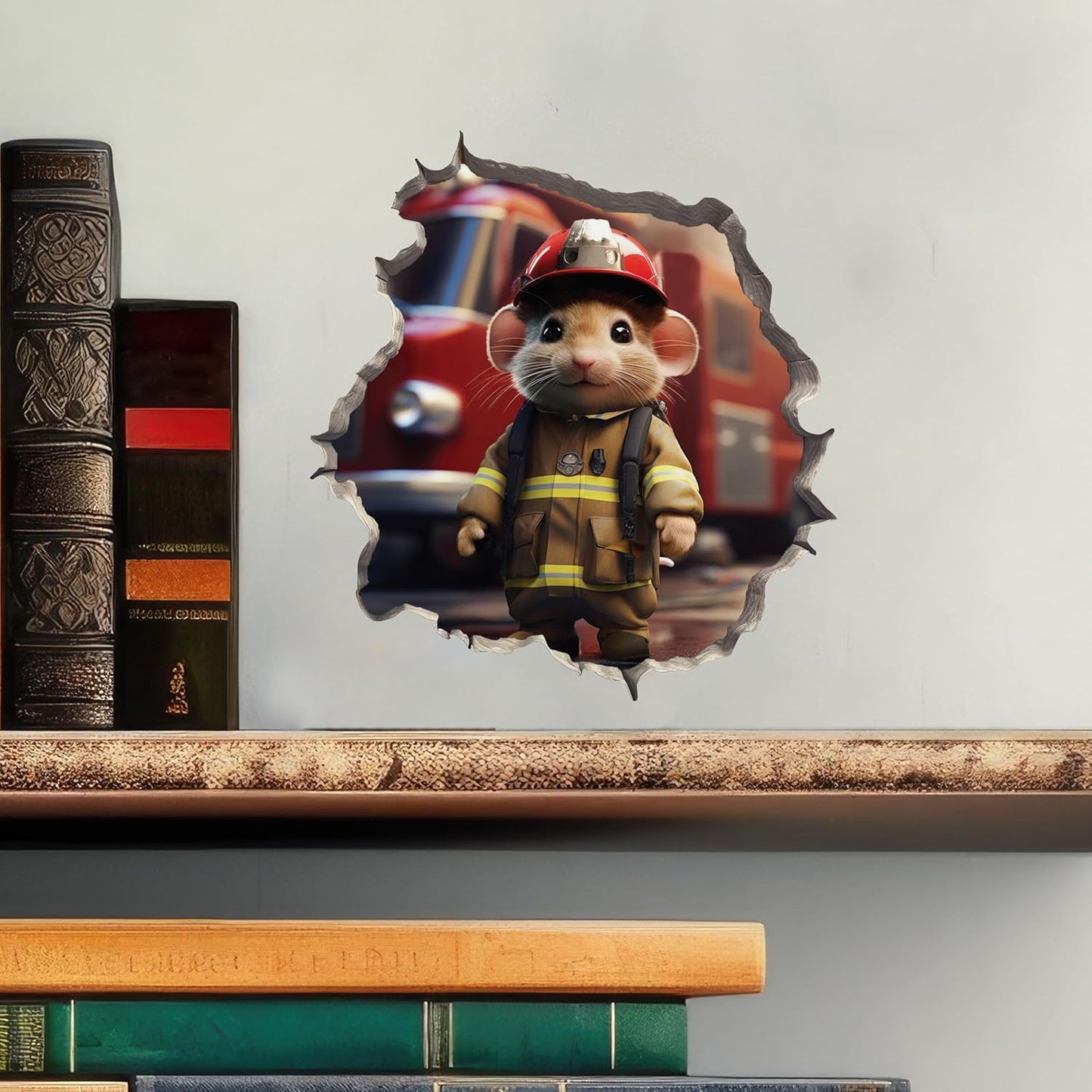 Firefighter Mouse in Mouse Hole Decal - Mouse Hole 3D Wall Sticker