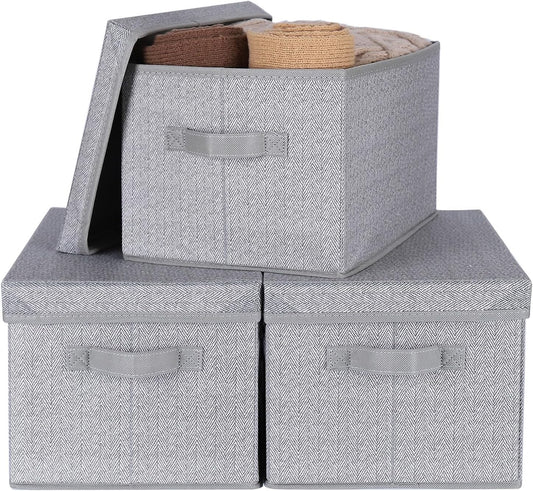 WUIKE 3 Pack Large Storage Bins with Lids, Fabric Closet Shelf Organizers, FoldableStorage Baskets with Cover for Bedroom, Herringbone Gray