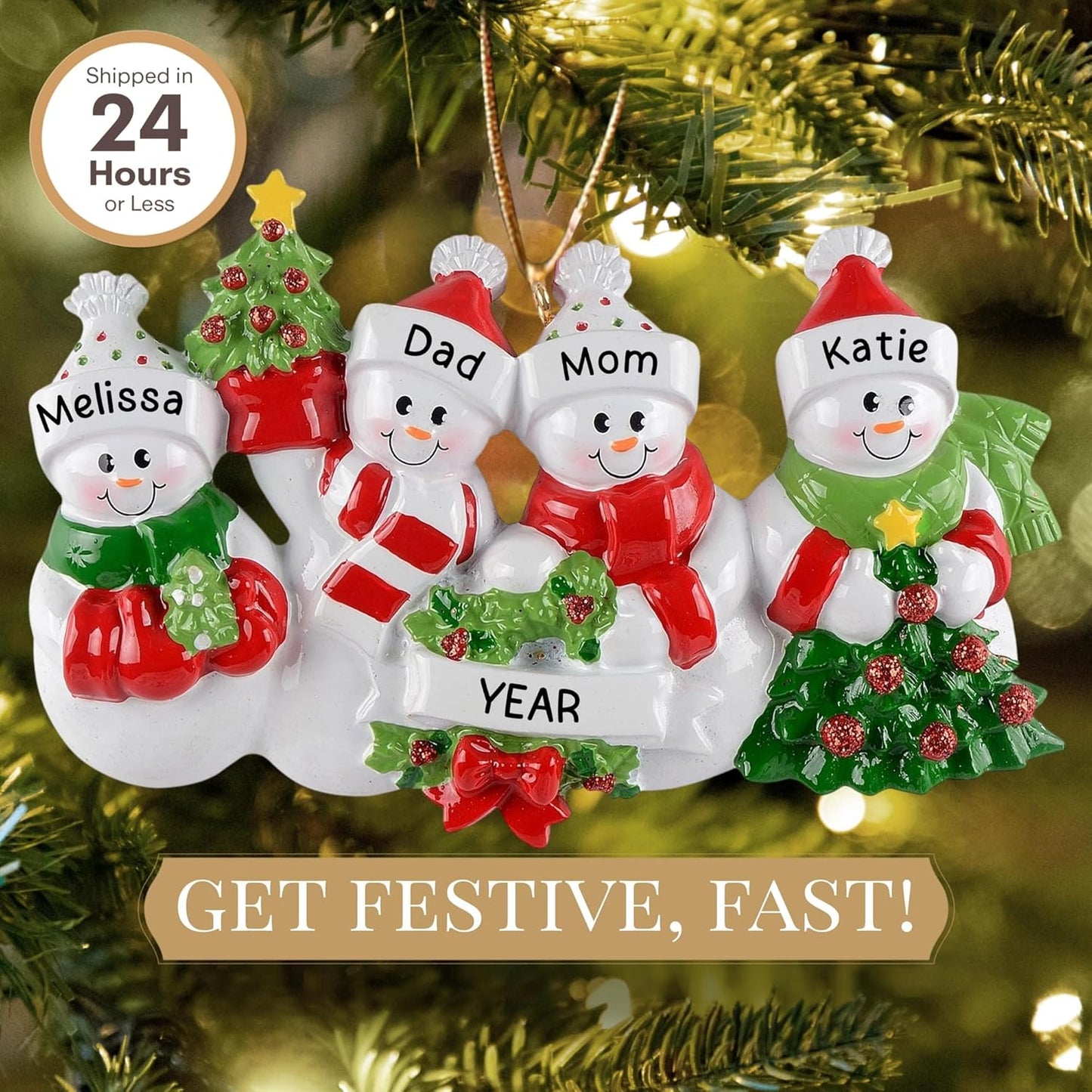 Personalized Family of 4 Ornament 2025 | Free 24h Customization | Laser Engraved Snowman Christmas Ornaments for Tree | Custom Gift Wrapped Festive Holiday Keepsake for Four Persons