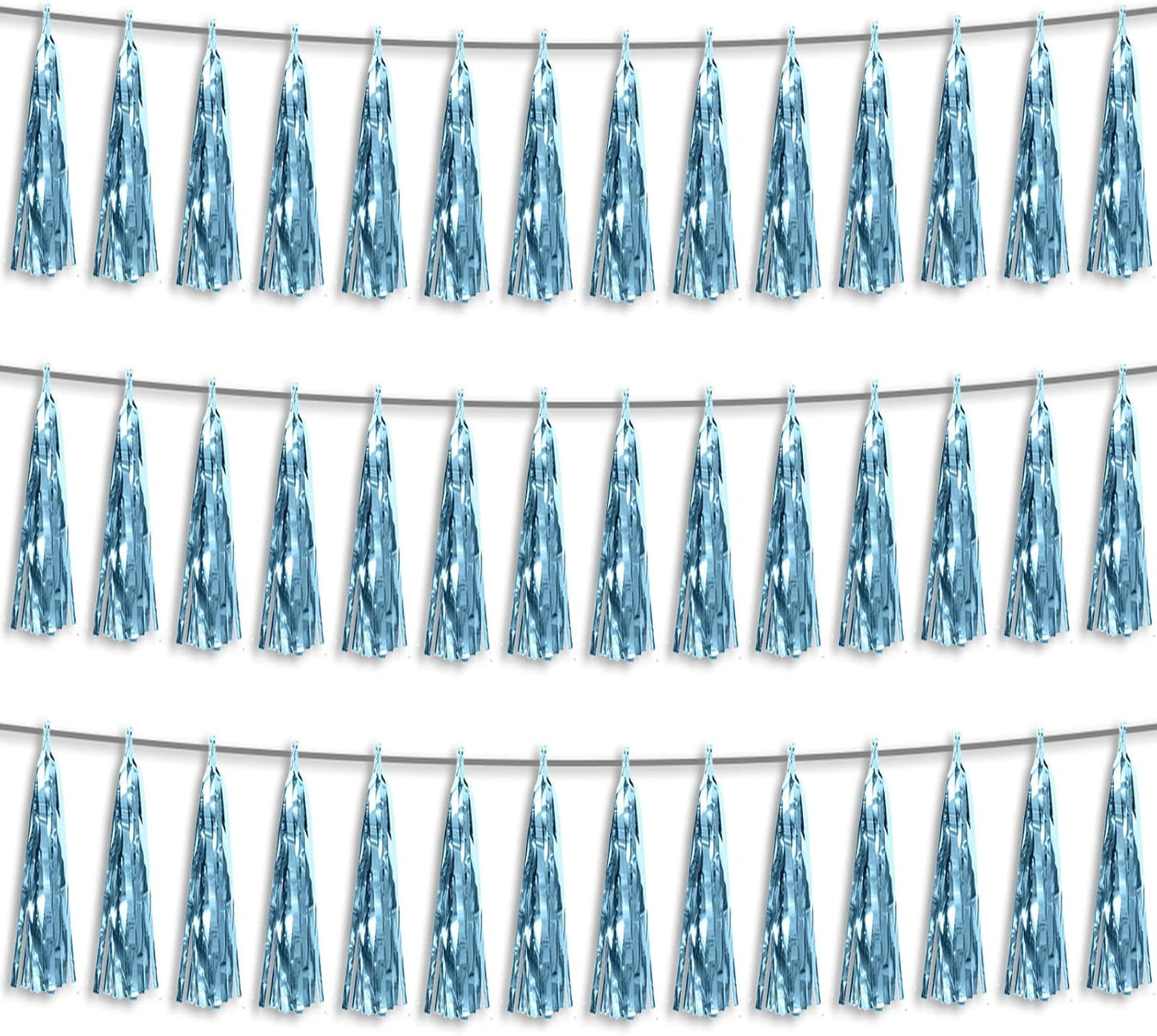 3P Light Blue Foil Fringe Metallic Tassel Streamers Banner Tassel Garland for Parade Floats, Bachelorette, Wedding, Birthday, Halloween, Christmas, Bridal/Baby Shower Party Decorations