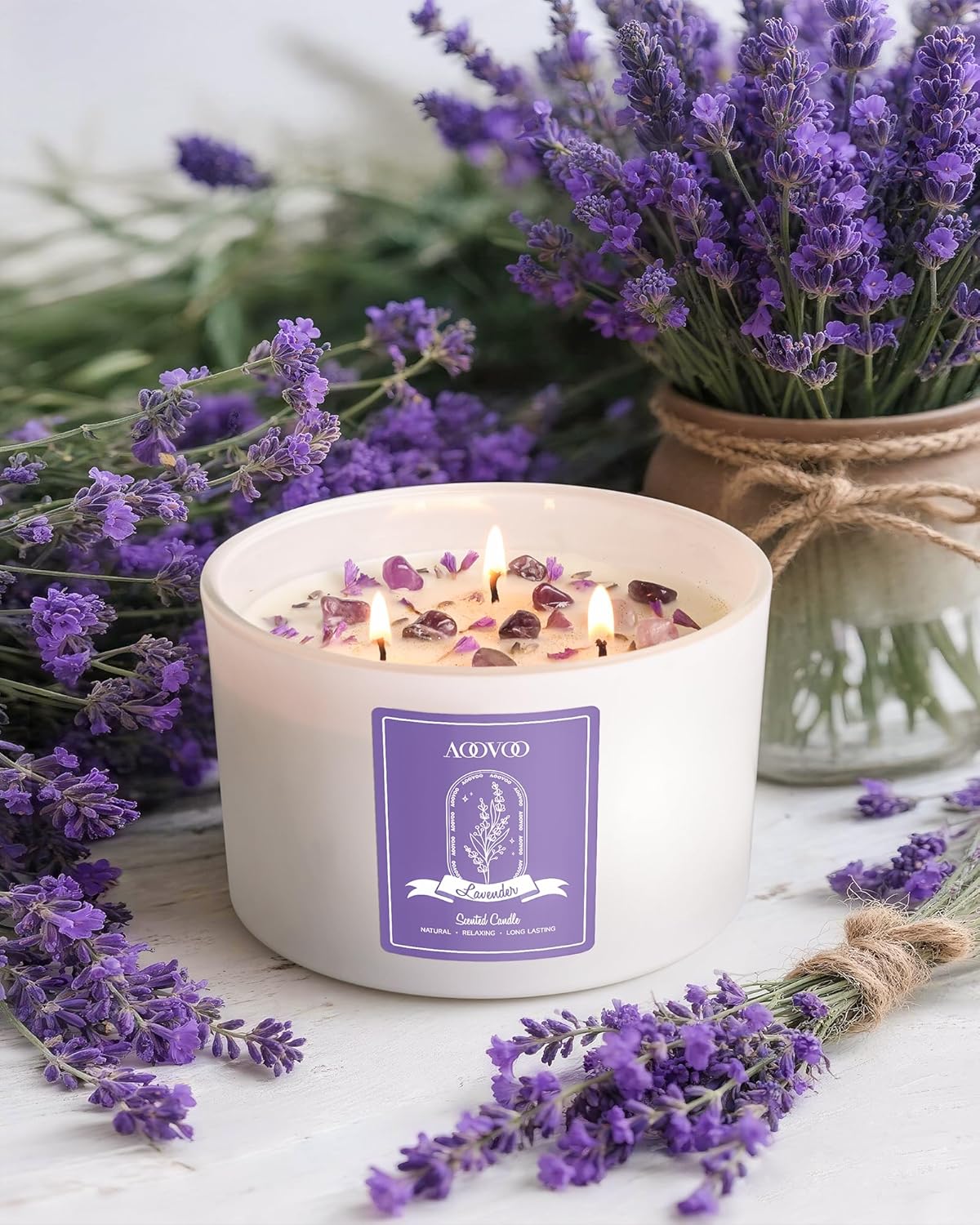 AOOVOO Lavender Scented Candles for Women - 20oz 3 Wick Soy Candles for Home Scented, Aromatherapy Candle with Crystals Inside, Birthday Gifts Mothers Day Candle for Women Mom