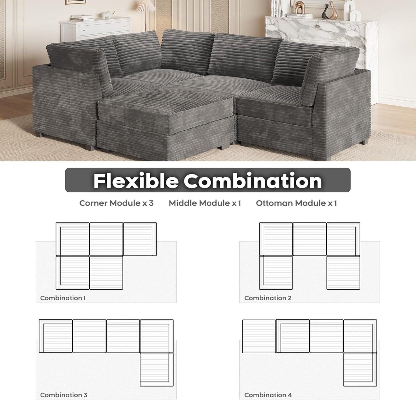 ovios Sectional Sofa Couch with L-Shape Chaise Sofa Bed, Comfy Modular Cloud Couches with Deep Seat, Modern Upholstered Plush Corduroy Sofas Set for Living Room, 5-Seater, Grey