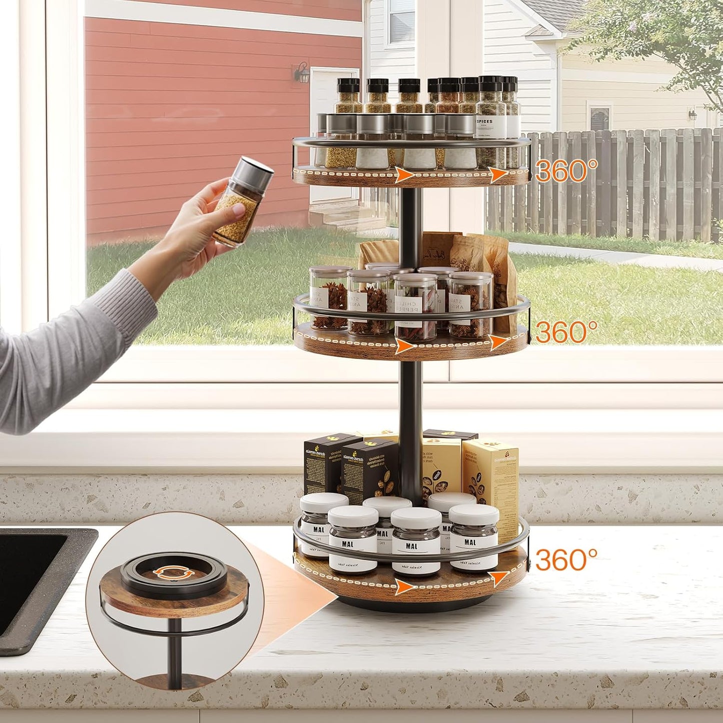 HOOBRO 3-Tier Lazy Susan Organizer, Rotating Spice Rack, Turntable Spice Rack, Vertical Storage Organizer, for Kitchen Countertop, Vanity, Dining Table, Rustic Brown and Black BF09TL01
