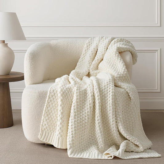 Chunky Chenille Knit Throw Blanket for Couch, Soft Luxurious Moss Stitch Blankets for Bed, Cozy Decorative Farmhouse Knitted Throws for Sofa, Ivory White, 60" x 80"
