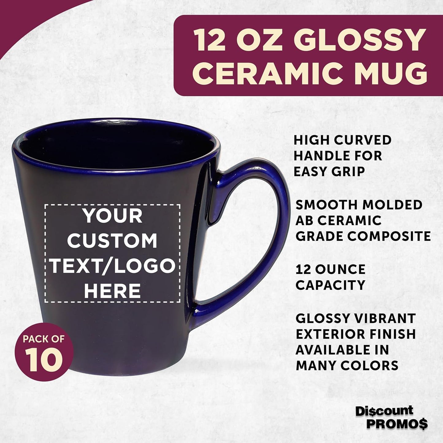 DISCOUNT PROMOS Custom Glossy Ceramic Latte Coffee Mug 12 oz. Set of 10, Personalized Bulk Pack - Perfect for Tea, Espresso, Cappuccino, Hot Cocoa - Blue