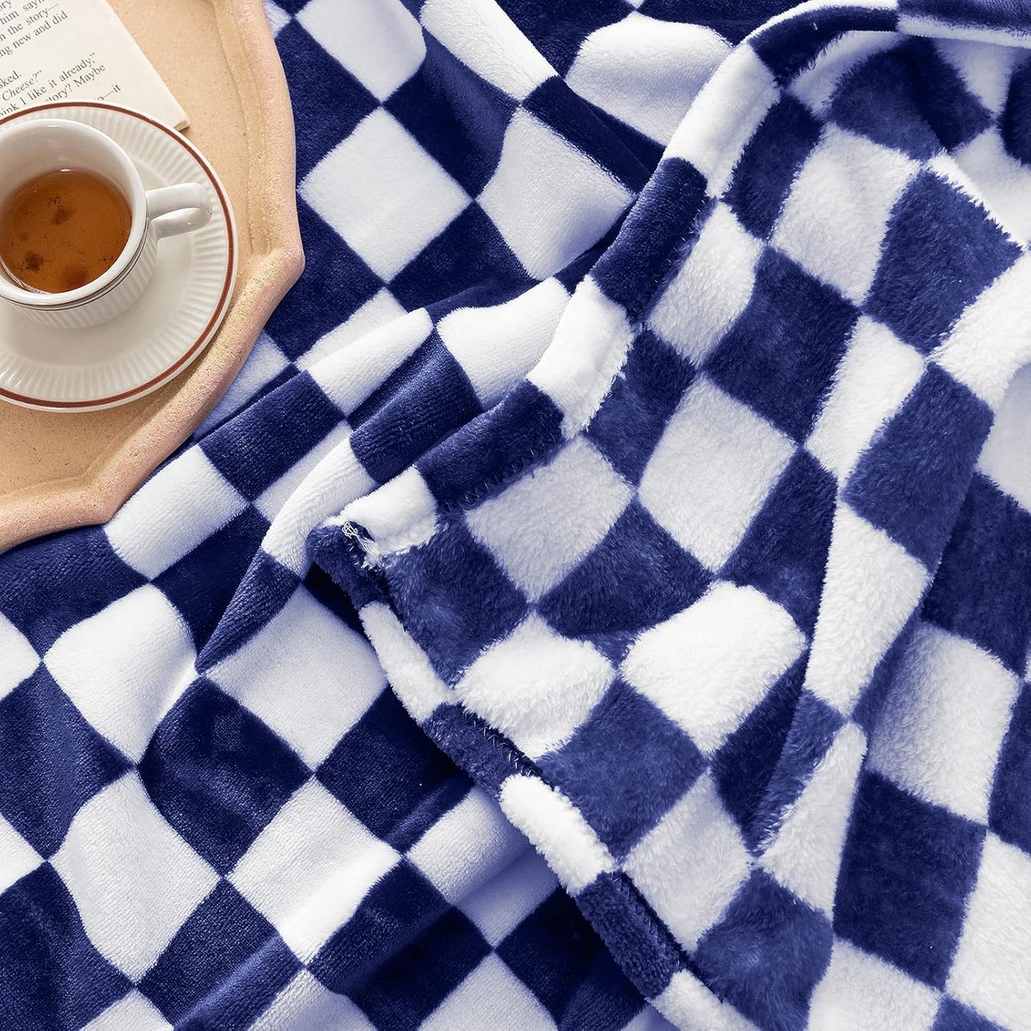 LOMAO Throw Blankets Flannel Blanket with Checkerboard Grid Pattern Soft Throw Blanket for Couch, Bed, Sofa Luxurious Warm and Cozy for All Seasons (Dark Blue, 50"x60")