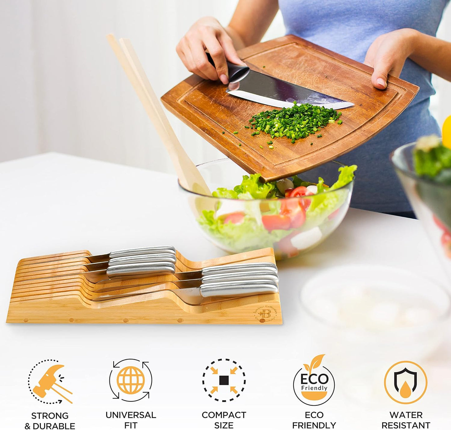 In-Drawer Knife Block - Bamboo Knife Drawer Organizer for Kitchen - Fits 5 Long + 6 Short Knives - Store Knives with Blades Pointing Down - Wooden Steak knife Holder without Knives - Chef Gift Idea