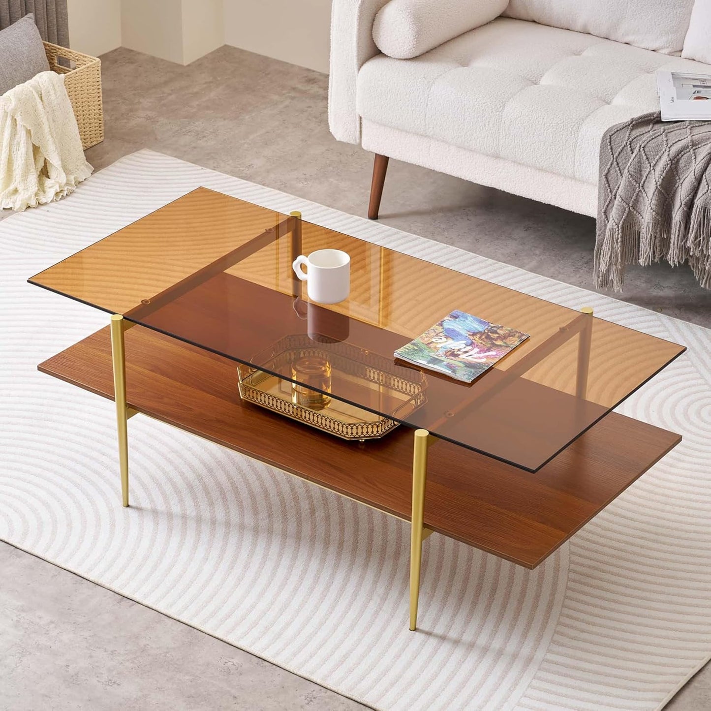 Extra Large Rectangle Glass Coffee Table, Mid-Century Modern Design for Living Room, L47 x W24 x H17, Amber Glass Top and Walnut MDF Shelf, Sleek Conical Metal Legs with Gold Finish