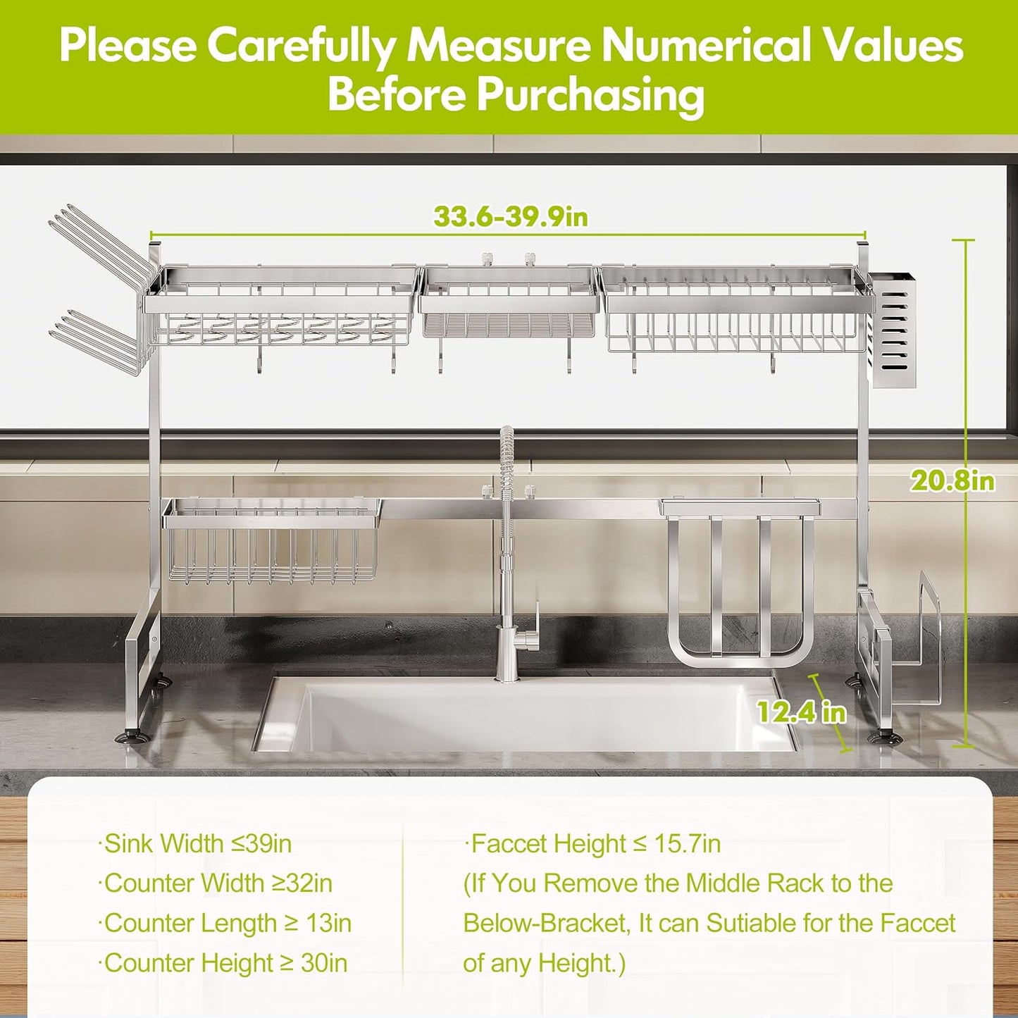 2 Tier Extra Large Stainless Steel Expandable Over The Sink Dish Drainer Drying Rack, Rust Proof Metal, Space Saving, Modern Silver Big Capacity Extendable Plate Strainers Above Kitchen Counter