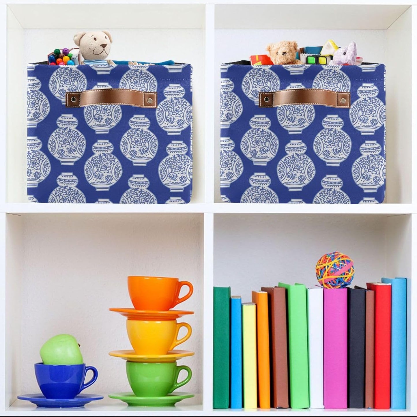 susiyo Storage Baskets for Shelves Organizer Baskets with Metal Frame Closet Storage Bins Fabric Bins Cubes with PU Handles for Organizing Shelf Nursery Toys 2 PACK,Blue Chinoiserie Vases