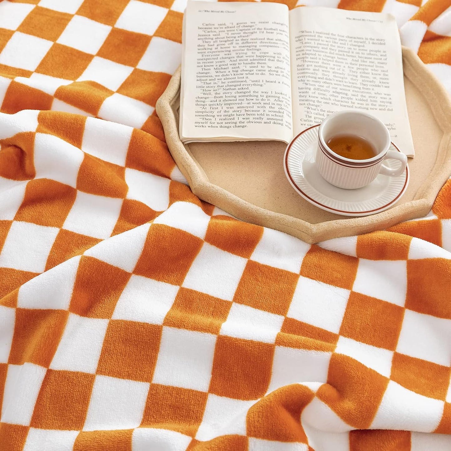 LOMAO Throw Blankets Flannel Blanket with Checkerboard Grid Pattern Soft Throw Blanket for Couch, Bed, Sofa Luxurious Warm and Cozy for All Seasons (Orange, 90"x90")