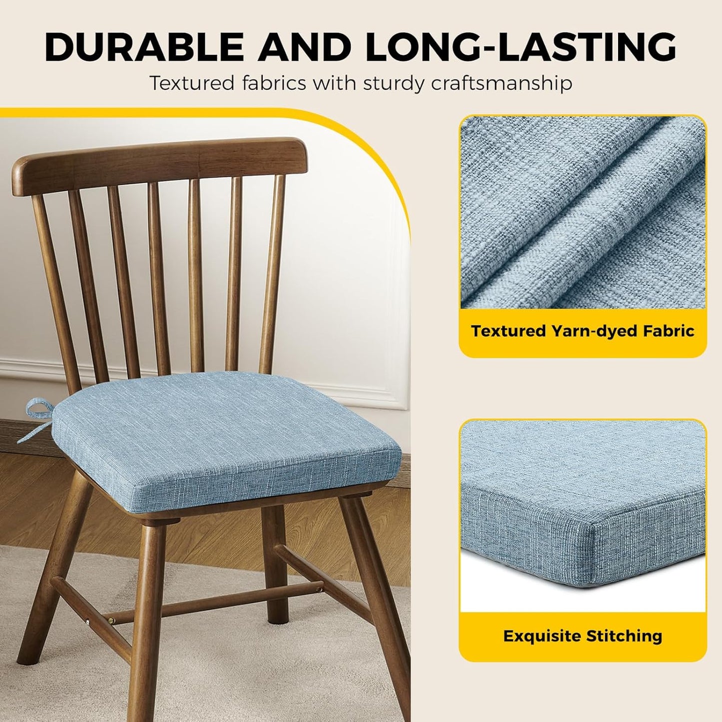 downluxe Indoor Chair Cushions for Dining Chairs, Soft and Comfortable Textured Foam Kitchen Chair Pads with Ties and Non-Slip Backing, 16" x 16" x 2", Light Blue, 4 Pack