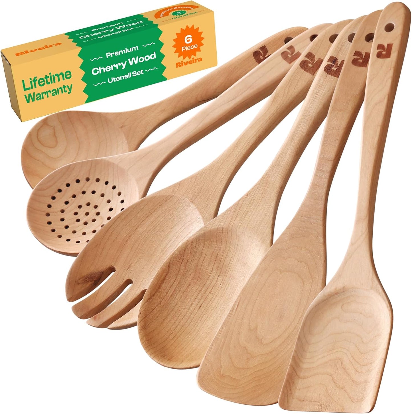 Riveira Cherry Wooden Spoons for Cooking Set of 6 – Natural Cherry Wood Cooking Utensils, Wooden Spatula, Wooden Spoon - Premium Quality Wooden Utensil Set for Non-Toxic Cooking