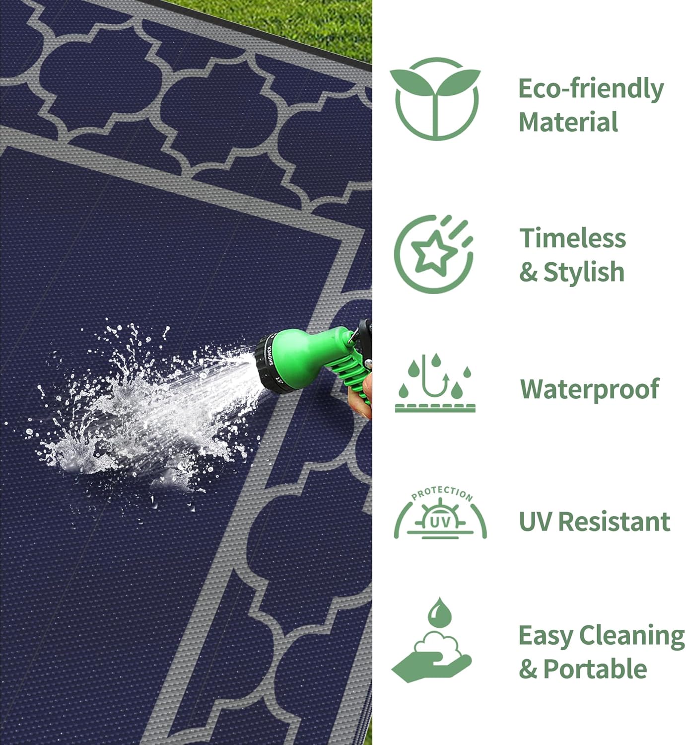 GENIMO 9 ' x 18 ' Outdoor Rug Waterproof for Patio Decor, Foldable Reversible Plastic Straw Area Rugs Mat for Camper, Outside Carpet for Rv, Deck, Porch, Picnic, Beach, Balcony, Blue & Grey