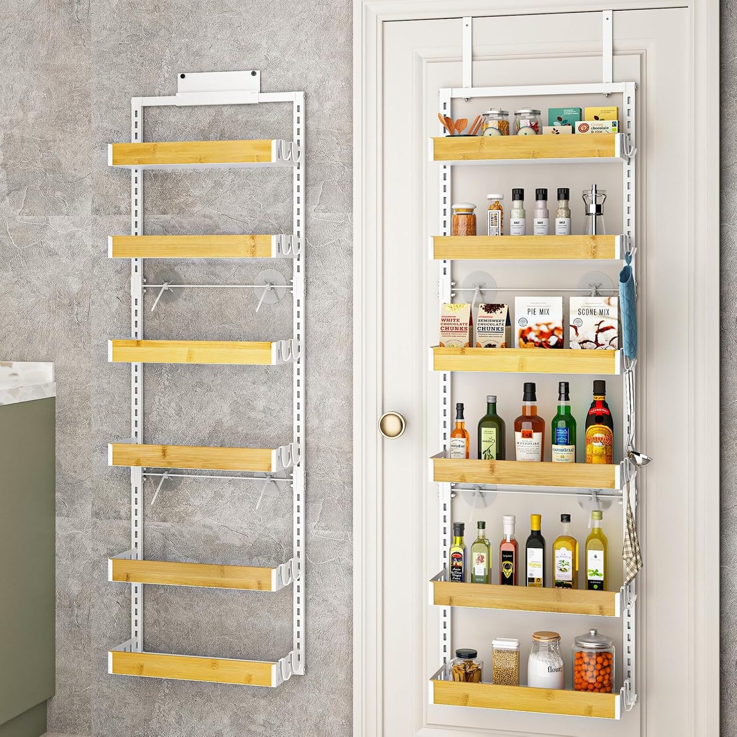 bukfen Over the Door Pantry Organizer 6-Tier Adjustable Basket Kitchen Pantry Door Organization and Storage, 2 in 1 Wall Mount or Hanging Heavy-Duty Metal Hanging Kitchen Spice Rack,White Bamboo Color