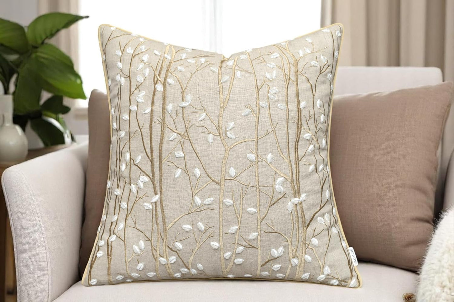 VAGMINE Embroidered Forest Throw Pillow Cover - 18x18 Inches Square - 100% Linen Natural Decorative Cushion Cover - Elegant Embroidery - Rustic Home Accent for Sofa, Bed, Couch, Farmhouse Décor