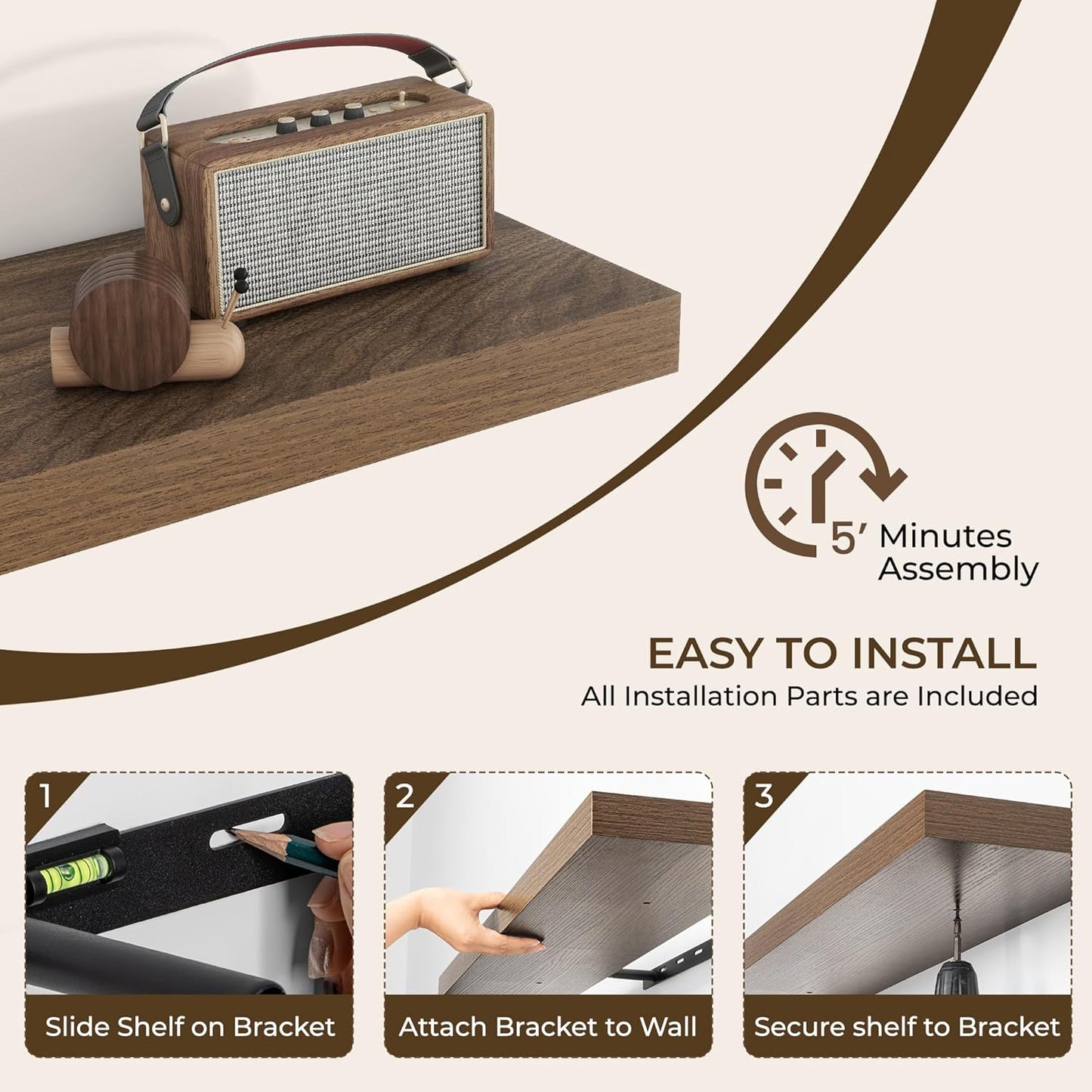 RICHFOCUS 36Inch Floating Shelves for Wall 2 Pack Shelves for Bedroom|Kitchen|Bathroom Wall Mounted Rustic Wood Floating Shelf with Invisible Brackets for Books|Storage|Decor, Walnut