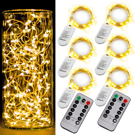 6 Pack Fairy Lights Battery Operated with Timer 2PCS Remote 6.5ft 20LED Warm White Twinkle Lights Waterproof Silver Wire Fireflies Lights DIY Mason Jar Wedding Party Christmas Centerpiece Table Deco